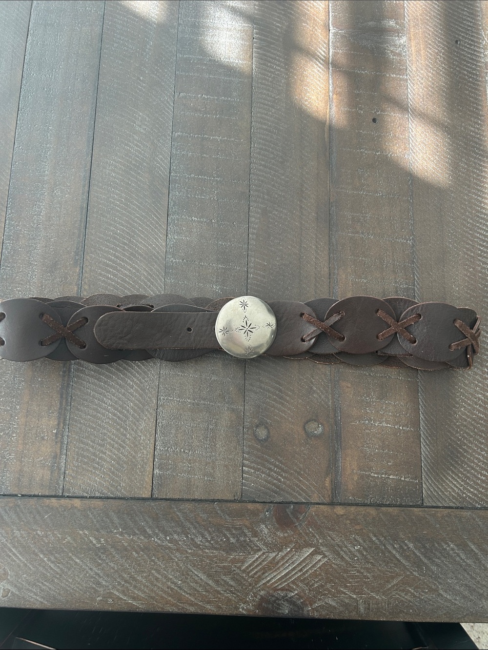 Braided Dark Brown Leather Belt with Decorative Silver Concho